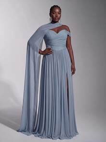 Elitara Plus Size Fashion Elegant Dusty Blue Strapless Pleated A-Line Dress With Detachable Long Shawl For Bridesmaid Party Evening Formal Wedding Winter - Baby Blue - View 1