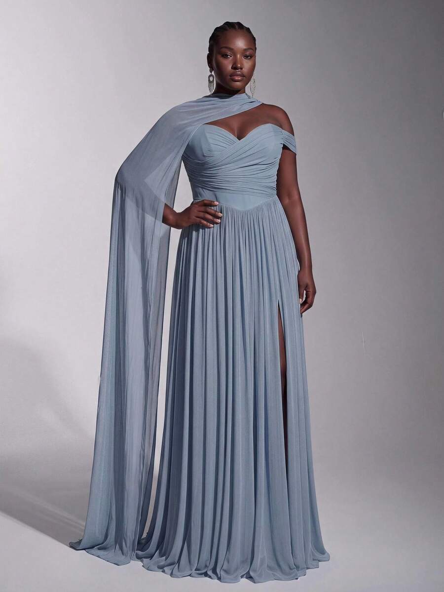 Elitara Plus Size Fashion Elegant Dusty Blue Strapless Pleated A-Line Dress With Detachable Long Shawl For Bridesmaid Party Evening Formal Wedding Winter - Baby Blue - View 1