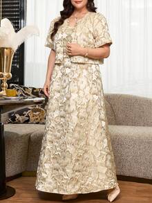 Reflora Plus Size Elegant Metallic Texture Pleated Cami Dress And Faux Pearl Button Top 2-Piece Set, - Gold - View 5