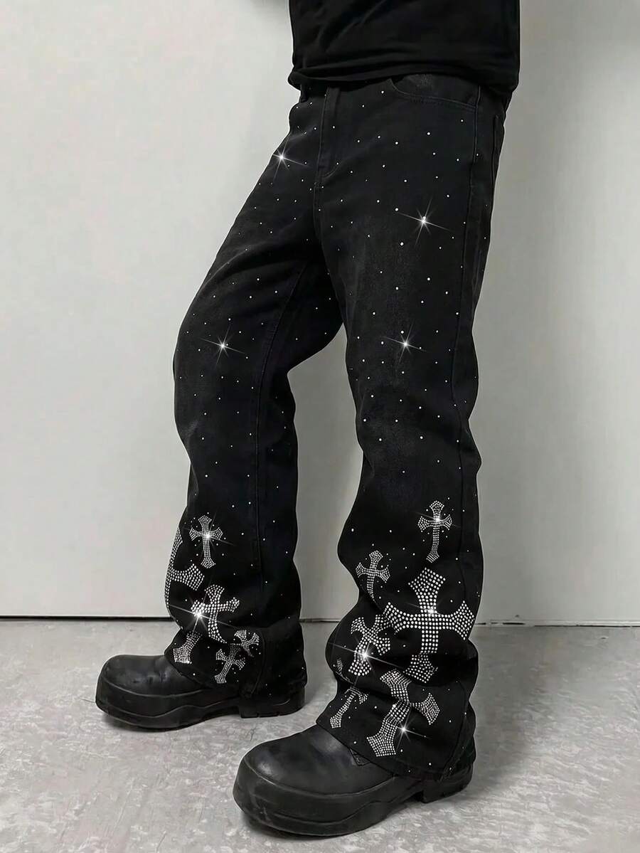 ROMWE MEN Street Life Spring Casual Graphic Men'S Fashion Street Style Rhinestone Cross Graphic Slant Pocket Denim Jeans - Black - View 1