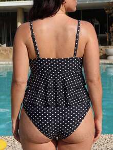 Swim Mod Plus Size Women's Summer Beach Vacation Polka Dot Print Ruched Bust Spaghetti Strap Swimwear Set - Black and White - View 5
