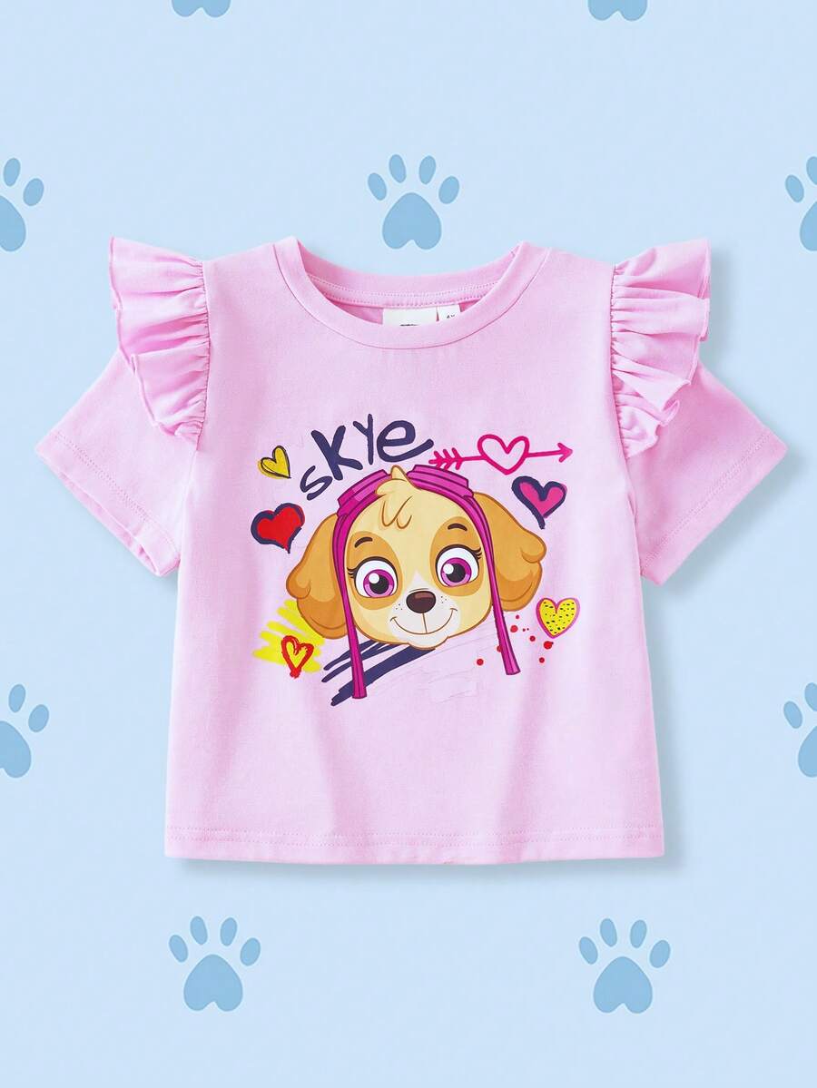 SHEIN | PAW Patrol 少女甜美可爱卡通字母爱心印花荷叶边短袖T恤,休闲日常通勤,夏季 - 粉色 - 查看 1