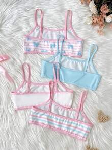 SHEIN Tween女孩 4件組蝴蝶結彩色休閒簡約舒適軟墊內衣 可愛條紋蝴蝶結 - 彩色 - 查看 3