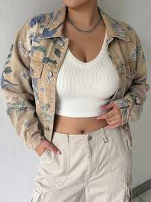 Dazy Plus Jaket Denim Lengan Panjang Model Longgar dengan Motif Bunga Cetak Seluruh Permukaan, Cocok untuk Perjalanan Santai, Musim Gugur, Terbaru - Khaki - View 4