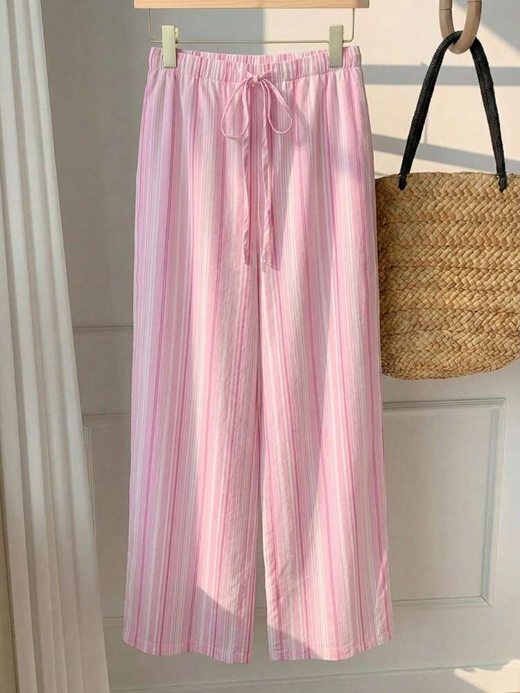 SHEIN PETITE CURVE Plus Size Women's Drawstring Waist Striped Casual Versatile Daily Wear Long Pants - Pink - View 7