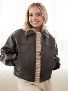 Ximena Robles Ximena Robles Women's Casual PU Leather Collar Long Sleeve Regular Jacket Y2k - Coffee Brown - View 1