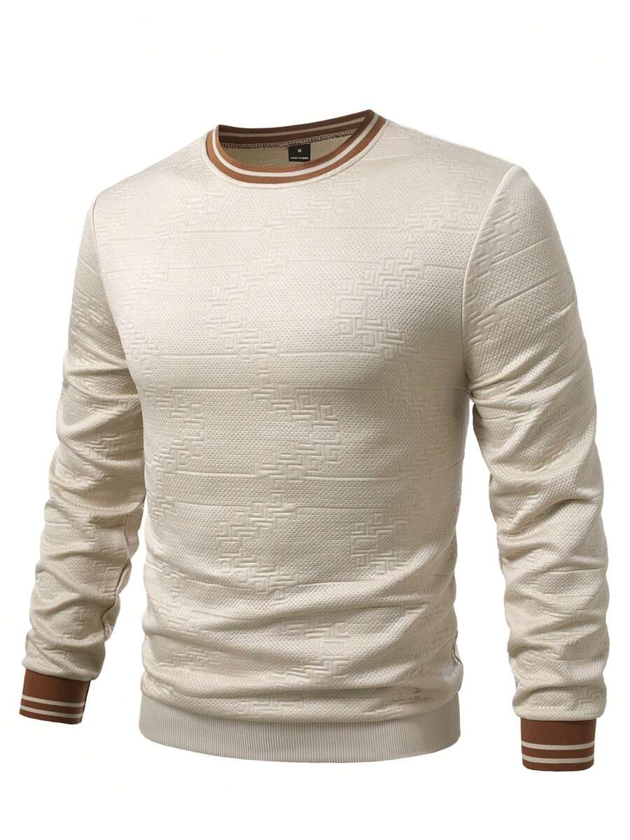 EGENSIO Men's Knitted Jacquard Solid Color Textured Collar & Cuff Flat Knit Ribbed Hem Pullover Sweatshirt - Apricot - View 1