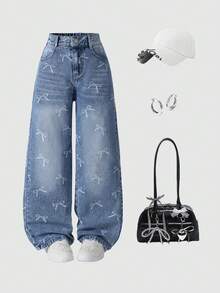 SHEIN Elladie kids 少女Y2K风格牛仔裤 - 复古浅色水洗牛仔布，蝴蝶结印花，宽松直筒版型，舒适柔软面料，街头风，宽松牛仔裤，Y2K阔腿牛仔裤，印花牛仔裤，秋冬款 - 淺色水洗藍 - 查看 8