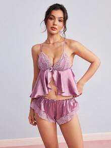 Elorette 女款蕾絲拼接細肩帶上衣與三角內褲性感日常內衣套裝 - 紫色 - 查看 3