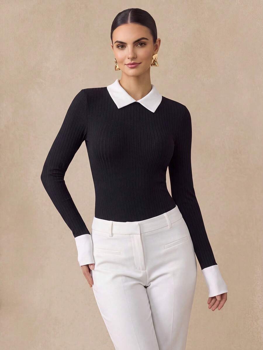 SHEIN LUNE Colourblock Keyhole Back Slim Fit Tee Bodysuit - Black - View 1