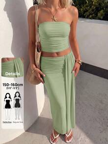 SHEIN PETITE Set Atasan Jala Model Bandeau & Rok Pinggang Rendah - Mint Green - View 1