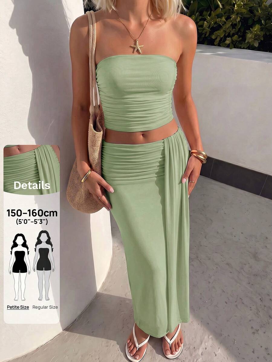 SHEIN PETITE Set Atasan Jala Model Bandeau & Rok Pinggang Rendah - Mint Green - View 1