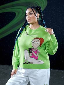 Rick and Morty X SHEIN Plus Figure & Letter Pattern Drop Shoulder Sweater - Green - View 8
