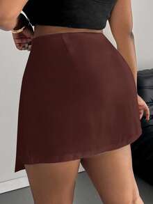 SHEIN PETITE CURVE Plus Size Summer Casual Solid Color Wrap Skirt - Coffee Brown - View 2