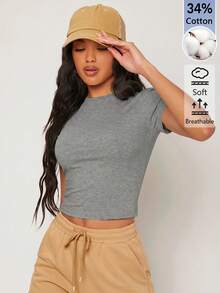 SHEIN BASICS 女款純色休閒圓領短袖短版T恤上衣 白色上衣 - 灰色 - 查看 8