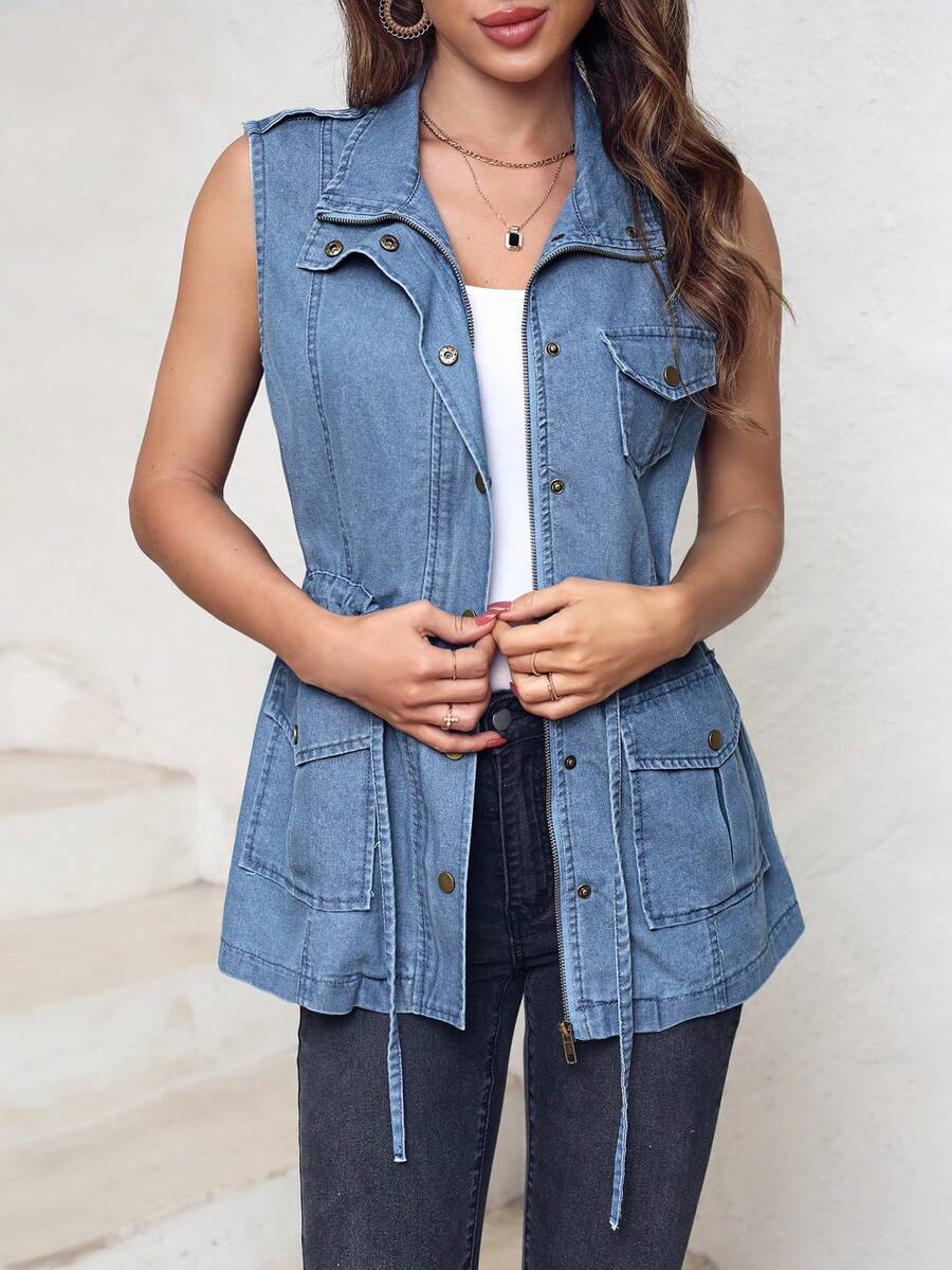 EMERY ROSE Drawstring Waist Denim Vest Jacket - Blue - View 1