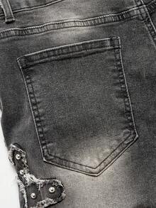 ROMWE MEN Casual Men's Rivet Decor Frayed Hem Layered Denim Jeans - Black - View 7