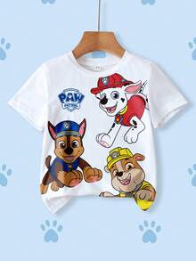 SHEIN | PAW Patrol 小男孩休闲卡通狗印花圆领短袖T恤，夏季 - 白色 - 查看 1