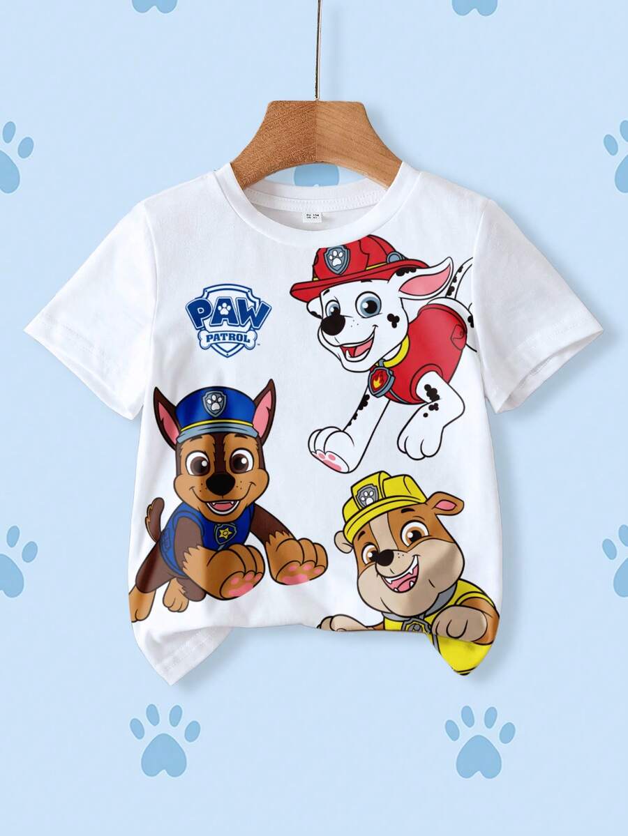 SHEIN | PAW Patrol 小男孩休闲卡通狗印花圆领短袖T恤，夏季 - 白色 - 查看 1