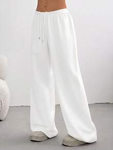 SHEIN Tall CURVE 大尺碼女款純色抽繩腰寬腿寬鬆運動褲 白色 夏季 牛仔風 商務休閒 健身約會穿搭 - 白色 - 查看 4