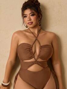 Travachic Plus Size Women Solid Color Criss-Cross Halter Hollow Out One-Piece Swimsuit With Side Tie High Cut Slimming Summer Beach Swimwear Suitable For Pool Party - Brown - View 5