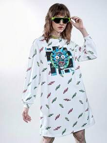 Rick and Morty X SHEIN 休閒卡通圖形下垂肩寬鬆連衣裙，春秋兩季款式 - 彩色 - 查看 1