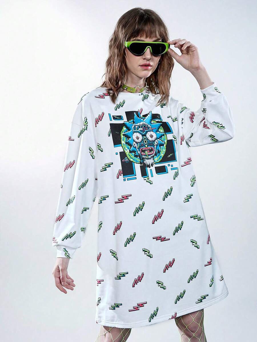 Rick and Morty X SHEIN 休閒卡通圖形下垂肩寬鬆連衣裙,春秋兩季款式 - 彩色 - 查看 1