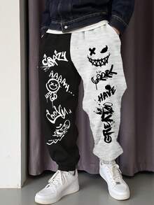 Manfinity Roghcode Plus Size Men's Letter & Smiling Face Print Casual Sweatpants For Daily Wear - Multicolor - View 1