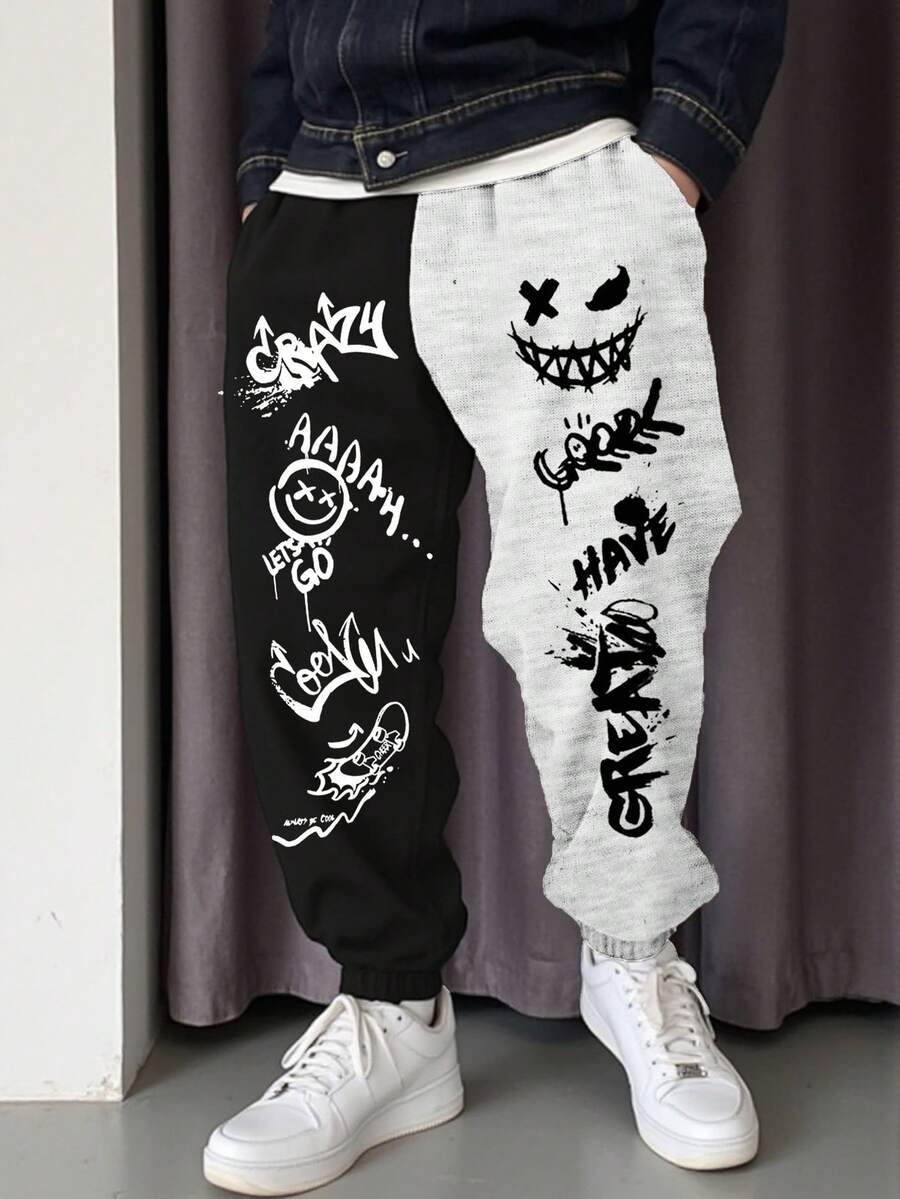 Manfinity Roghcode Plus Size Men's Letter & Smiling Face Print Casual Sweatpants For Daily Wear - Multicolor - View 1