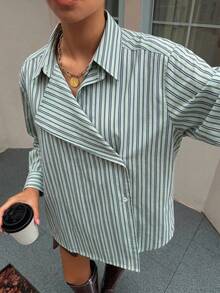 DAZY 女款春夏秋冬寬鬆休閒風長袖 2 合 1 領口直條紋布料襯衫 - 水鴨藍 - 查看 1