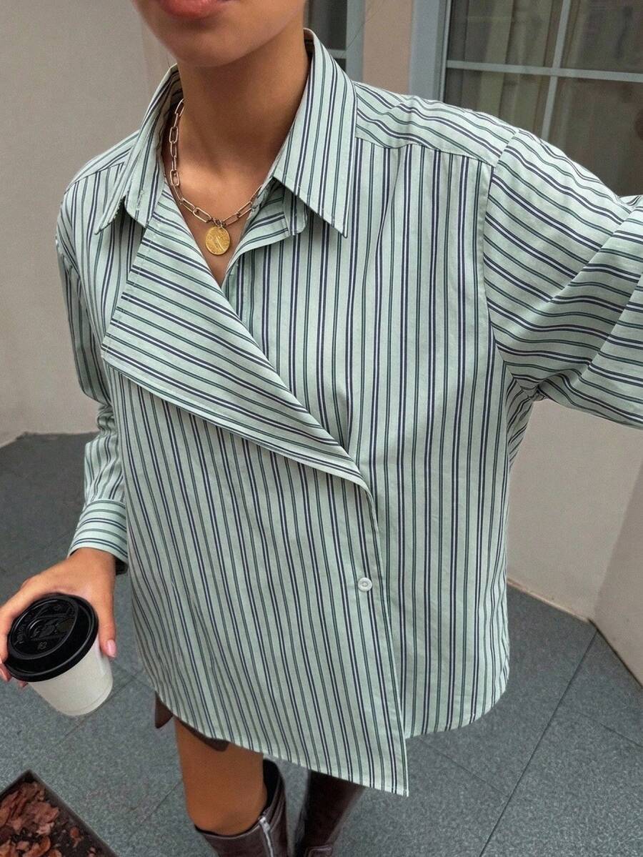 DAZY 女款春夏秋冬寬鬆休閒風長袖 2 合 1 領口直條紋布料襯衫 - 水鴨藍 - 查看 1