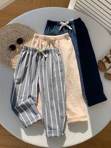 SHEIN Young Boy & Young Girls 3-Piece Set With Decorative Ribbon Elastic Waist Long Pants, Versatile And Comfortable, Suitable For Outings, Street Style, Home, And Parties - Multicolor - View 2