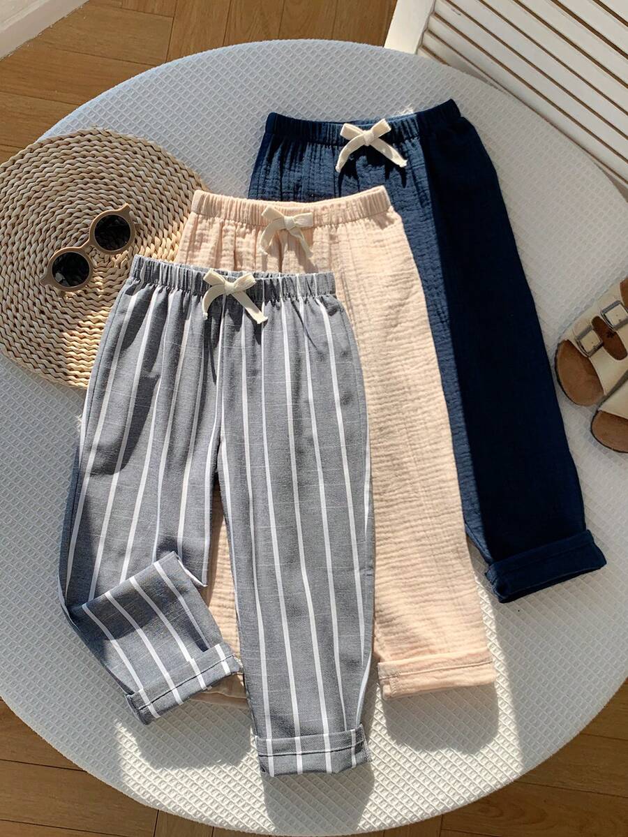 SHEIN Young Boy & Young Girls 3-Piece Set With Decorative Ribbon Elastic Waist Long Pants, Versatile And Comfortable, Suitable For Outings, Street Style, Home, And Parties