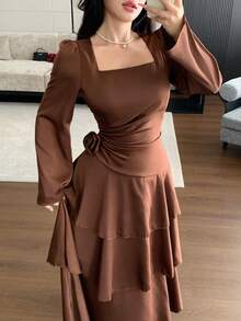 Modelyn Gaun Wanita Romantis Musim Gugur Terbaru yang Modis - Coffee Brown - View 6