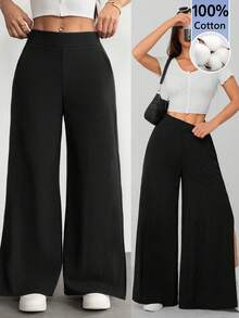 SHEIN PETITE 女款時尚棉混紡通勤長褲，側開衩延伸至大腿 - 黑色 - 查看 11