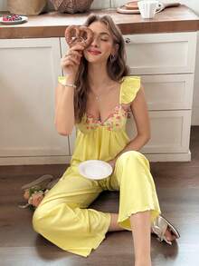 Snug Reverie Women's Romantic Fresh Embroidered Floral Lace Patchwork Camisole Top And Pajama Pants Set - Yellow - View 1