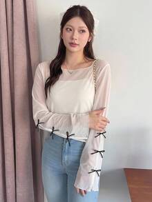 Bijouette 大尺碼女款時尚休閒優雅浪漫度假日常極簡圓領半透網紗上衣 - 白色 - 查看 2