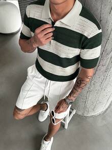 Manfinity Homme 男士條紋鏤空針織 Polo 衫，短袖，夏季商務休閒對比色領襯衫 - 墨綠色 - 查看 4