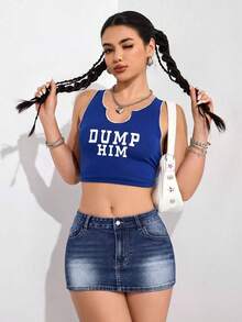 SHEIN PETITE 女款鈕扣拉鍊口袋牛仔裙 - 深色水洗藍 - 查看 5