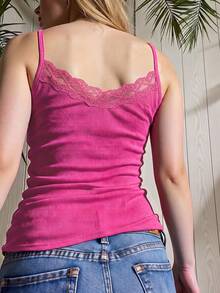 INAWLY Top de camiseta sin mangas con contraste de encaje y acanalado sólido, para mujer, de verano - Rosa Fucsia - Ver 2