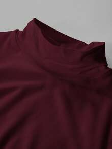 Fluxe Women's Regular Fit Solid Color Knit Long Sleeve Crew Neck T-Shirt Tight Tops Stand Collar Top - Burgundy - View 5