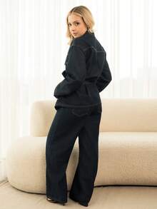 Ximena Robles Ximena Robles Autumn/Winter New Loose Casual Distressed Wash Waist Cinched Women Denim Suit - Blue - View 2