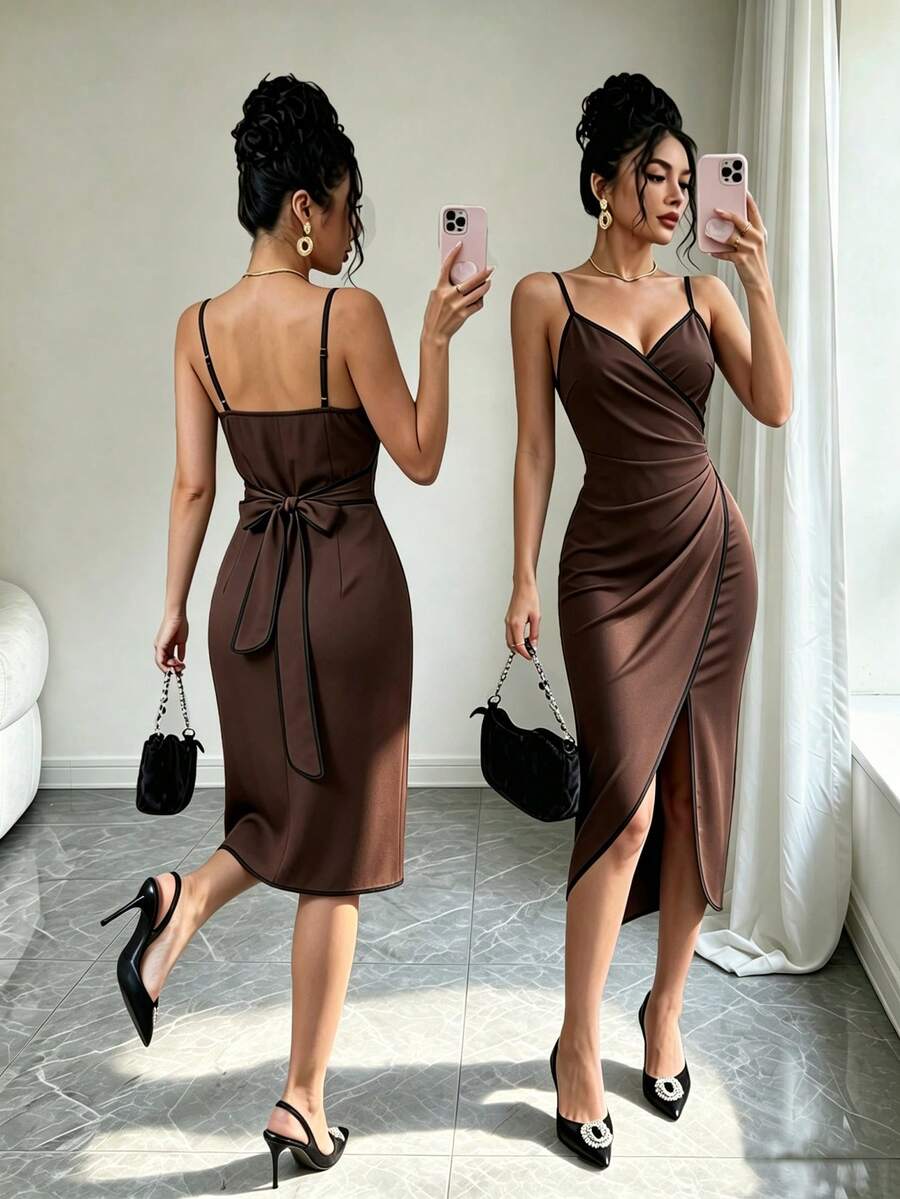 Elenzga Summer Elegant Satin Spaghetti Strap Wrap Dress With Ruffle Hem, Cinched Waist, No Print, Beige And Black Contrast Color, Suitable For Wedding, Party, Business - Multicolor - View 1