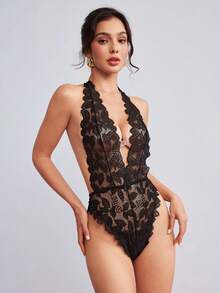Elorette 女款蕾絲深V性感掛脖連身內衣 - 黑色 - 查看 4