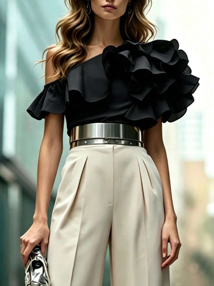 SHEIN French-Style Light Luxury Apricot Top: Women's Open Shoulder Blouse With Dramatic Ruffle - Black - View 1