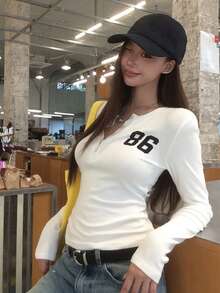 DAZY Women's Round Neck Letter Korean Style Solid Color Long Sleeve Spring Summer T-Shirt - White - View 10