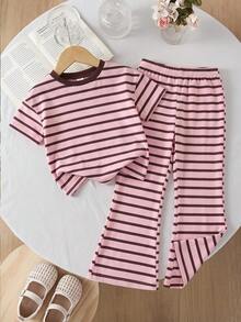 SHEIN 女童 2 件組休閒簡約舒適可愛套裝，採用紋理布料 - 彩色 - 查看 3