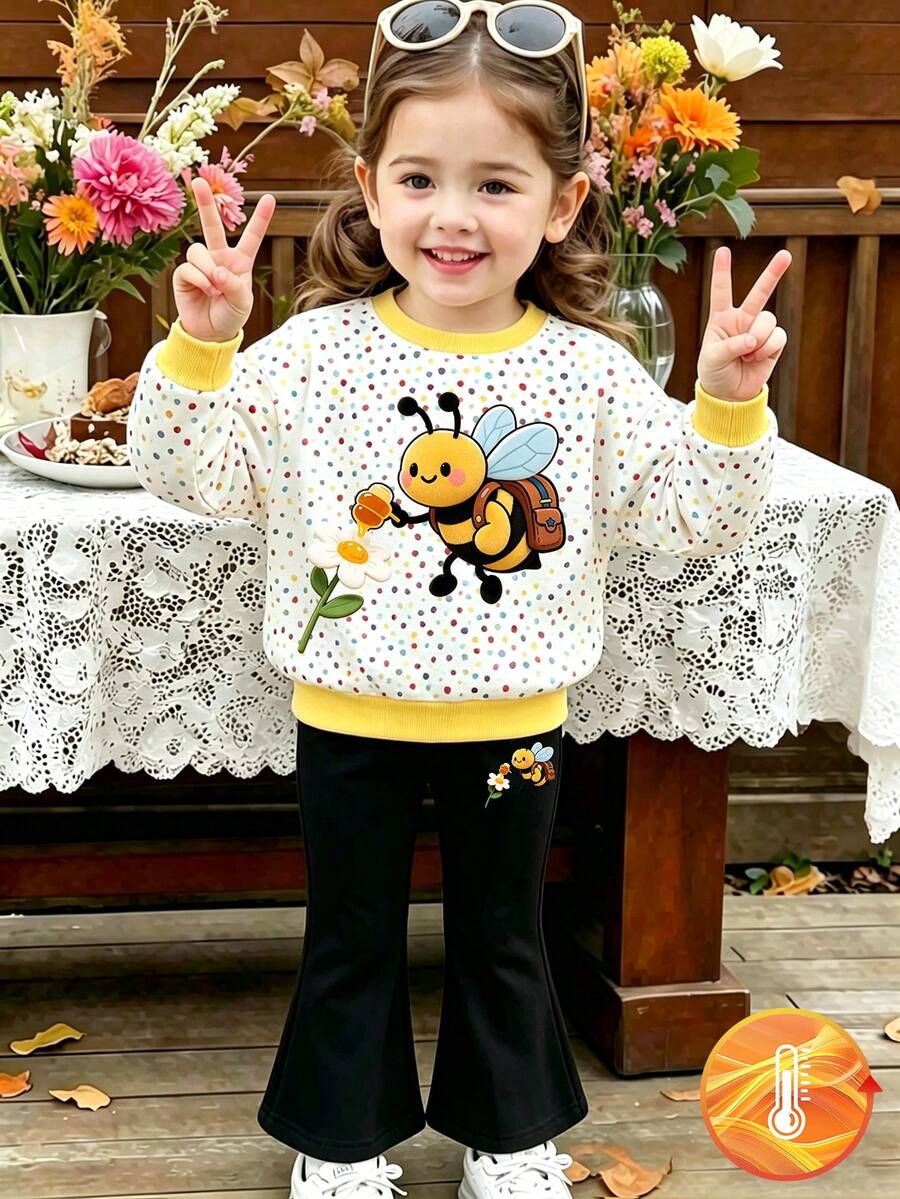 SHEIN 2件組女嬰時尚圓領衛衣與甜美喇叭褲套裝,俏皮可愛蜜蜂與花朵圖案設計,適合假期派對,春秋冬季穿著,輕鬆舒適,小女孩春秋冬季首選,時尚休閒穿搭,春秋冬季街頭風,外出休閒套裝,返校派對 - 彩色 - 查看 1