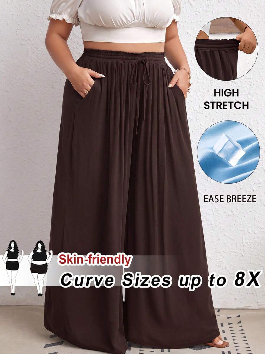 SHEIN CURVE+ 大尺碼高腰寬腿褲，附腰帶與側口袋，羅紋布料，適合度假、優雅休閒場合與日常穿著，夏季理想選擇，適用海邊出遊、波希米亞風祭典或度假穿搭