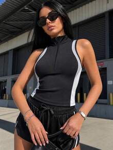 Dewbera Dewbera New High Neck Sports T-Shirt Tank Top With Zipper And Color Block Design Streets Wear - Black and White - View 3